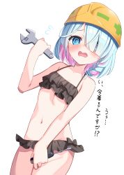 Rule 34 | 1girl, absurdres, arona (blue archive), bare arms, bare legs, bare shoulders, bikini, black bikini, blue archive, blue hair, halo, hard hat, helmet, highres, long hair, looking at viewer, navel, pink hair, screwdriver, simple background, solo, swimsuit, thighs, toriefuni, white background