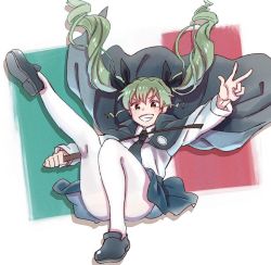 Rule 34 | 1girl, anchovy (girls und panzer), anzio school uniform, batako, cape, commentary, dress shirt, drill hair, falling, flag background, girls und panzer, grin, hair ribbon, italian flag, leg up, long hair, long sleeves, looking at viewer, necktie, pantyhose, pleated skirt, ribbon, school uniform, shirt, shoes, skirt, smile, solo, twin drills, twintails, w