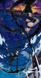 Rule 34 | 10s, 2girls, ass, battle, bikini, bikini top only, black hair, black rock shooter, black rock shooter (character), boots, breasts, chain, city, dead master, green eyes, highres, horns, jacket, justminor, katana, long hair, midair, midriff, multiple girls, scythe, shorts, sunset, swimsuit, sword, twintails, very long hair, weapon, wings
