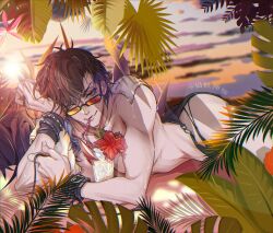 1boy absurdres alternate_costume arched_back arm_up bare_shoulders belial_(granblue_fantasy) belial_(summer)_(granblue_fantasy) black-framed_eyewear black_hair black_male_swimwear black_wrist_cuffs bracelet chinese_commentary cloud collarbone commentary curled_fingers drink drinking_straw feet_out_of_frame flower glass glasses granblue_fantasy hair_between_eyes hand_chains head_rest highres jewelry leaf looking_to_the_side lying male_focus male_swimwear official_alternate_costume orange-tinted_eyewear plant red_eyes red_flower shadowballkun sideways_glance sky solo stomach studded_bracelet sun sunset swim_briefs tinted_eyewear wash_cloth wet wet_hair wrist_cuffs