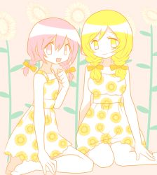 Rule 34 | 2girls, :d, alternate costume, alternate hairstyle, arm at side, bare arms, bare legs, bare shoulders, barefoot, blonde hair, braid, breasts, clenched hand, dress, feet out of frame, flat chest, floral print, flower, hair ribbon, kaname madoka, large breasts, looking at viewer, mahou shoujo madoka magica, mahou shoujo madoka magica (anime), multiple girls, open mouth, orange ribbon, pink background, pink eyes, pink hair, pokki (sue eus), ribbon, seiza, simple background, sitting, sleeveless, sleeveless dress, smile, sunflower, tomoe mami, twin braids, white dress, yellow eyes