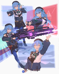 Rule 34 | 1girl, absurdres, aiming, alternate color, arm up, beret, black footwear, black skirt, blue eyes, blue hair, blue pantyhose, closed eyes, closed mouth, daresuku, energy gun, energy weapon, english text, firing, floating hair, full body, gun, hair between eyes, hat, highres, holding, holding gun, holding microphone, holding weapon, hololive, hoshimachi suisei, hoshimachi suisei (streetwear), jacket, jewelry, long hair, long sleeves, microphone, midnight grand orchestra, multiple views, off shoulder, one eye closed, open mouth, outstretched arms, pantyhose, partially unzipped, pleated skirt, ring, shoes, skirt, smile, upper body, virtual youtuber, waving, weapon