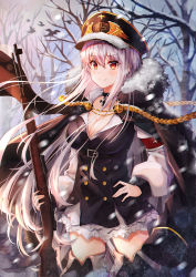 Rule 34 | 1girl, aiguillette, armband, bare tree, black choker, black coat, black dress, blue sky, blush, bolt action, boots, breasts, buttons, choker, cleavage, closed mouth, coat, cowboy shot, cross, day, dress, floating hair, forest, fur collar, fur trim, girls&#039; frontline, gun, hair between eyes, hand on own hip, hat, highres, holding, holding gun, holding weapon, jacket, jacket on shoulders, kar98k (girls&#039; frontline), large breasts, lkeris, long hair, long sleeves, looking at viewer, mauser 98, military, military hat, military uniform, nature, outdoors, peaked cap, puffy sleeves, red eyes, rifle, sidelocks, silver hair, sky, smile, snow, snowing, solo, standing, thigh boots, thighhighs, tree, uniform, very long hair, weapon