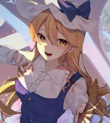 Rule 34 | 1girl, :d, blonde hair, bow, breasts, hair between eyes, hat, hat bow, highres, kappa mame, long hair, long sleeves, looking at viewer, medium breasts, open mouth, smile, solo, touhou, upper body, very long hair, watatsuki no toyohime, white bow, witch hat, yellow eyes