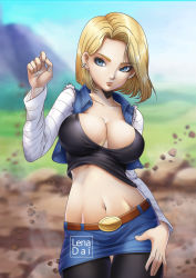 Rule 34 | 1girl, absurdres, android 18, belt, black shirt, blonde hair, blue eyes, blurry, blurry background, bob cut, breasts, breasts apart, cleavage, closed mouth, cowboy shot, day, dragon ball, dragonball z, ear piercing, earrings, female focus, field, grass, groin, hand up, highres, jacket, jewelry, large breasts, legs, lenadai, looking at viewer, medium hair, miniskirt, mountain, navel, outdoors, pantyhose, piercing, raglan sleeves, shirt, skirt, sky, solo, standing, thigh gap, thighs