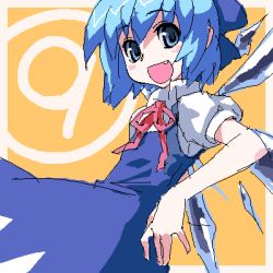 Rule 34 | circled 9, 1girl, :d, blush stickers, bow, cirno, fang, female focus, lowres, oekaki, open mouth, phantasmagoria of flower view, smile, solo, touhou
