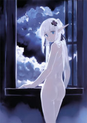 Rule 34 | 1girl, absurdres, ass, back, blue eyes, bob (biyonbiyon), cloud, cloudy sky, cowboy shot, elf, flat chest, hair ornament, hair over shoulder, hair ribbon, head tilt, highres, indoors, long hair, looking at viewer, looking back, night, nude, open window, parted lips, pointy ears, ribbon, scan, sky, solo, twintails, white hair, window