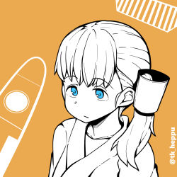 Rule 34 | 1girl, :/, blue eyes, japanese clothes, kantai collection, monochrome, orange background, shin&#039;you (kancolle), side ponytail, solo, spot color, takasugi heppu, twitter username, upper body