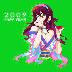 Rule 34 | 00s, 2009, alcohol, earrings, hairband, head rest, japanese clothes, jewelry, kimono, long hair, nakatomi ryo, nakatomi ryou, new year, sake, solo