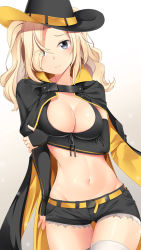 Rule 34 | 1girl, arm under breasts, azur lane, belt, bikini, bikini top only, black coat, black hat, black shorts, black sleeves, blonde hair, blush, breasts, cleavage, closed mouth, coat, cosplay, cowboy hat, cowboy shot, cutoffs, detached sleeves, eyes visible through hair, front-tie bikini top, front-tie top, grey eyes, groin, hair over one eye, hat, highres, historical name connection, holding own arm, hornet (azur lane), hornet (azur lane) (cosplay), hornet (kancolle), kantai collection, large breasts, long hair, looking at viewer, midriff, name connection, navel, short sleeves, shorts, sidelocks, simple background, solo, standing, swimsuit, thigh gap, thighhighs, twintails, white background, white thighhighs, yasume yukito, yellow belt