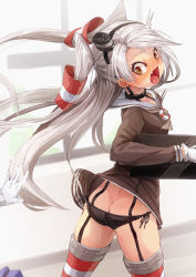 Rule 34 | 10s, 2girls, ^^^, amatsukaze (kancolle), ass, black panties, blue skirt, blurry, blush, brown eyes, butt crack, depth of field, dimples of venus, dress, fang, floating hair, fu-ta, full-face blush, garter straps, gloves, grey neckerchief, hair tubes, holding, indoors, kantai collection, lace, lace-trimmed panties, lace trim, long hair, looking back, looking down, multiple girls, neckerchief, open mouth, out of frame, panties, pantyshot, pleated skirt, red legwear, sailor dress, shimakaze (kancolle), side-tie panties, silver hair, skirt, smokestack, solo focus, thighhighs, thighs, twintails, two side up, underwear, very long hair, walking, white gloves, white legwear, wind, wind lift
