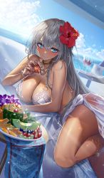 Rule 34 | 1girl, bad source, bikini, blue eyes, blue sky, bottle, breasts, cloud, commentary, craft essence (fate), cup, dark-skinned female, dark skin, day, drinking glass, fate/grand order, fate (series), grey hair, heirou, large breasts, long hair, looking at viewer, ocean, official art, red wine, sky, solo, swimsuit, thighs, wine bottle, wine glass, zenobia (cruising date) (fate), zenobia (fate)