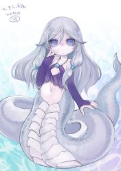 Rule 34 | 1girl, blue eyes, blush, breasts, cleavage cutout, clothing cutout, fingerless gloves, gloves, grey hair, highres, lamia, long hair, looking at viewer, midriff, monster girl, ruu bot, slit pupils, small breasts, solo, twintails