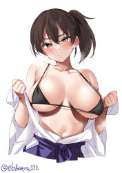 Rule 34 | 1girl, bare shoulders, bikini, black bikini, black hair, blue hakama, blush, breasts, brown eyes, collarbone, ebifurya, hakama, hands up, heavy breathing, highres, japanese clothes, kaga (kancolle), kantai collection, large breasts, looking at viewer, navel, one-hour drawing challenge, parted lips, side ponytail, simple background, skindentation, solo, steaming body, strap gap, string bikini, sweat, swimsuit, twitter username, underboob, white background, wide sleeves