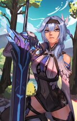 Rule 34 | 1girl, absurdres, artist name, black footwear, black gloves, black hairband, blue hair, blue necktie, blue sky, boots, breasts, chest harness, closed mouth, clothing cutout, eula (genshin impact), genshin impact, gloves, greatsword, hair ornament, hairband, harness, high-waist shorts, highres, knee up, looking ahead, medium breasts, medium hair, mountain, necktie, outdoors, planted, planted sword, planted weapon, purple eyes, shorts, shoulder cutout, sidelocks, sky, snow-tombed starsilver (genshin impact), solo, sword, thigh boots, tree, vision (genshin impact), weapon, white sleeves, yggrassil