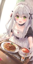 Rule 34 | 1girl, :d, absurdres, apron, black dress, blush, collarbone, commentary request, cup, curtains, day, dress, food, frilled apron, frills, gloves, green eyes, grey hair, hair between eyes, highres, holding, holding tray, indoors, knife, looking at viewer, maid, maid apron, maid headdress, one side up, open mouth, original, pancake, plate, puffy short sleeves, puffy sleeves, saucer, short sleeves, smile, solo, sunlight, tray, tsuchikure, white apron, white gloves, window