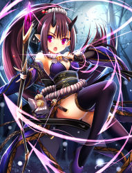 Rule 34 | 1girl, absurdres, bare tree, black gloves, black thighhighs, blush, breasts, detached sleeves, earrings, fingerless gloves, gloves, hair ribbon, haluka (aixioo), high ponytail, highres, holding, horns, jewelry, light particles, long hair, obi, open mouth, original, pink eyes, pointy ears, ponytail, purple hair, ribbon, sash, scrunchie, shoes, solo, thighhighs, tree, very long hair