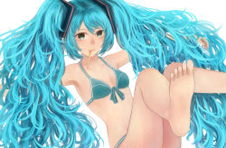 Rule 34 | 1girl, aqua bikini, aqua eyes, aqua hair, bad feet, barefoot, big hair, bikini, blue eyes, curly hair, feet, foot focus, front-tie top, hatsune miku, long hair, mouth hold, outstretched arms, popsicle stick, sakimori (hououbds), simple background, soles, solo, spread arms, swimsuit, twintails, very long hair, vocaloid, white background