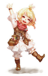 Rule 34 | 10s, ameiro, bad id, bad pixiv id, blonde hair, boots, bracelet, braid, final fantasy, final fantasy xiv, flower, highres, jewelry, lalafell, neckerchief, open mouth, pointy ears, pouch, red eyes, simple background, skirt, smile, solo, square enix, standing, standing on one leg, topknot, twin braids, warrior of light (ff14), waving, white background