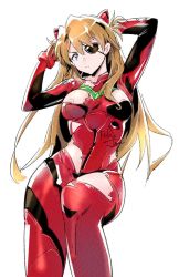 Rule 34 | 1girl, arms behind head, arms up, blue eyes, bodysuit, breasts, closed mouth, collarbone, curvy, evangelion: 3.0+1.0 thrice upon a time, eyepatch, feet out of frame, frown, hairpods, hands on own head, long hair, looking at viewer, medium breasts, multicolored bodysuit, multicolored clothes, neon genesis evangelion, orange bodysuit, orange hair, pasties, pilot suit, plugsuit, rebuild of evangelion, red bodysuit, relaxjon, signature, simple background, solo, souryuu asuka langley, torn clothes, very long hair, white background, wide hips