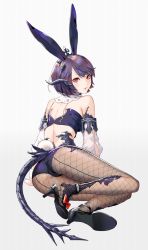 Rule 34 | 1girl, animal ears, ankle strap, ass, au ra, black footwear, blush, bow, crop top, detached collar, detached sleeves, dragon tail, feet, final fantasy, final fantasy xiv, fishnet pantyhose, fishnets, fujii niko, high heels, highres, horns, looking at viewer, looking back, lying, on side, pantyhose, purple hair, rabbit ears, rabbit tail, red bow, red eyes, scales, shoe dangle, shoe soles, short hair, simple background, solo, tail, warrior of light (ff14), white background