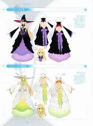 Rule 34 | 1girl, backless dress, backless outfit, bare shoulders, blonde hair, breasts, character sheet, cleavage, concept art, detached collar, detached sleeves, dress, elf, green eyes, hair ornament, hat, heterochromia, highres, long dress, long hair, looking at viewer, multiple views, pointy ears, red eyes, ribbon, shining (series), shining resonance, tony taka, turnaround, witch hat