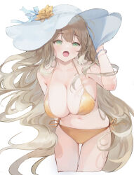 Rule 34 | 1girl, :o, absurdres, arm up, bare shoulders, bbul horn, bikini, blue archive, blush, breasts, cleavage, collarbone, cowboy shot, flower, green eyes, hair flower, hair ornament, halo, halterneck, hat, hat flower, highres, large breasts, light brown hair, long hair, looking at viewer, navel, nonomi (blue archive), nonomi (swimsuit) (blue archive), official alternate costume, open mouth, side-tie bikini bottom, simple background, smile, solo, standing, string bikini, sun hat, swimsuit, white background, white hat, yellow bikini