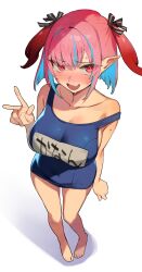 Rule 34 | 1girl, bare arms, bare legs, bare shoulders, barefoot, black ribbon, blue hair, blue one-piece swimsuit, blush, bob cut, breasts, character name, collarbone, colored inner hair, fang, feet, hair horns, hair ribbon, highres, horns, kanan-sama wa akumade choroi, kanan (kanan-sama), large breasts, legs, light blue hair, multicolored hair, name tag, nervous, nervous smile, nonco, old school swimsuit, one-piece swimsuit, open mouth, pigeon-toed, pink hair, pointy ears, red eyes, red horns, ribbon, school swimsuit, simple background, skin fang, slit pupils, smile, solo, strap slip, streaked hair, striped ribbon, sweat, swimsuit, toes, two-tone hair, w, white background