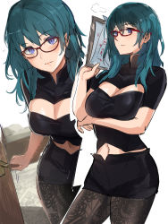Rule 34 | 1girl, absurdres, black shirt, blouse, blue eyes, blush, breasts, byleth (female) (fire emblem), byleth (fire emblem), cleavage, cleavage cutout, clipboard, clothing cutout, fire emblem, fire emblem: three houses, glasses, green eyes, hair between eyes, highres, lace, lace-trimmed legwear, lace trim, large breasts, long hair, midriff, multiple views, navel, nintendo, ormille, pantyhose, pantyhose under shorts, pencil skirt, shirt, short shorts, shorts, skirt, test score, thighs, white background