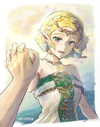 Rule 34 | 1girl, 1other, :d, armlet, artist name, astrayin, bare shoulders, blonde hair, blush, border, braid, circlet, cloud, collarbone, commentary request, crown braid, day, dress, earrings, eyelashes, facial mark, forehead, green dress, green eyes, highres, holding hands, interlocked fingers, jewelry, looking at viewer, lower teeth only, magatama, magatama necklace, necklace, nintendo, open mouth, outside border, outstretched hand, parted bangs, pointy ears, pov, pov hands, princess zelda, short hair, sidelocks, single braid, sky, smile, solo focus, strapless, strapless dress, sun, teardrop facial mark, teeth, the legend of zelda, the legend of zelda: tears of the kingdom, twitter username, upper body, white border, white dress, yellow sky