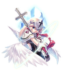 Rule 34 | 1girl, angel, blonde hair, blue eyes, cpmstar pid, cross, fantasy, female focus, from side, gauntlets, hair ornament, hirano katsuyuki, latin cross, looking at viewer, medium hair, original, parted lips, scarf, simple background, solo, upper body, white background, wings