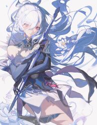 Rule 34 | 1girl, absurdres, arm under breasts, closed mouth, eyes visible through hair, flower, hair over one eye, highres, holding, holding sword, holding weapon, honkai: star rail, honkai (series), jingliu (honkai: star rail), long hair, red eyes, skirt, solo, sword, weapon, white hair, white skirt, yutou (yutou75)