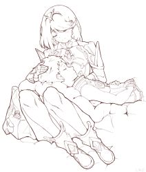Rule 34 | 1boy, 1girl, bare shoulders, boots, breasts, brown hair, chest jewel, embers, headpiece, highres, lap pillow, large breasts, linzi, looking at another, monochrome, nintendo, pyra (xenoblade), red hair, rex (xenoblade), shirt, short hair, sketch, sleeping, sleeping on person, smile, thighhighs, xenoblade chronicles (series), xenoblade chronicles 2