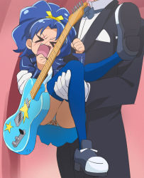 Rule 34 | &gt; &lt;, 10s, 1girl, blue hair, blue panties, blue thighhighs, blush, bow, bowtie, carrying, clenched hands, closed eyes, electric guitar, fang, formal, gloves, guitar, haruyama kazunori, instrument, kirakira precure a la mode, mizushima mitsuyoshi, open mouth, panties, precure, princess carry, print panties, solo focus, suit, tategami aoi, thighhighs, underwear, white gloves