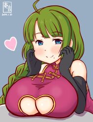 Rule 34 | 1girl, ahoge, artist logo, black gloves, blue eyes, blush, braid, breast rest, breasts, china dress, chinese clothes, cleavage cutout, clothing cutout, dated, dress, elbow gloves, gloves, green hair, grey background, heart, huge breasts, kanon (kurogane knights), kantai collection, large breasts, long hair, looking at viewer, mole, mole under mouth, one-hour drawing challenge, purple dress, single braid, smile, solo, very long hair, yuugumo (kancolle)