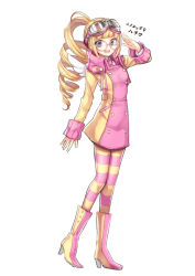 Rule 34 | 1girl, alternate color, blonde hair, boots, character name, creatures (company), dress, drill hair, dunsparce, female focus, full body, game freak, gen 2 pokemon, glasses, goggles, goggles on head, kasuka108, long hair, looking at viewer, nintendo, open mouth, pantyhose, personification, pink footwear, pokemon, purple eyes, shiny pokemon, simple background, solo, standing, striped clothes, striped pantyhose, white background, yellow footwear