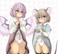 Rule 34 | 2girls, animal ears, bird ears, bird wings, blue capelet, blush, brown dress, capelet, closed mouth, clothes lift, collared shirt, dress, dress lift, grey dress, grey hair, hair between eyes, highres, lifting own clothes, long sleeves, mepikari, mouse ears, mouse tail, multiple girls, mystia lorelei, nazrin, panties, pink eyes, pink hair, pink panties, pink wings, red eyes, shirt, short hair, tail, touhou, underwear, white panties, white shirt, wings