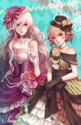 Rule 34 | 2girls, a line gown, argyle, argyle background, argyle clothes, bad id, bad pixiv id, bare shoulders, bouquet, brown hair, choker, corset, dress, elbow gloves, flower, gloves, gown, hat, highres, jewelry, lolita fashion, long hair, multiple girls, necklace, original, pink eyes, rose, senano-yu, short hair, smile, white hair, yellow eyes
