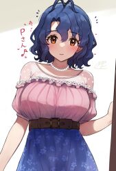 Rule 34 | 1girl, alternate costume, antenna hair, belt buckle, blue hair, blue skirt, blush, breasts, buckle, c (theta), collarbone, floral print, frilled shirt, frills, highres, idolmaster, idolmaster million live!, jewelry, large breasts, looking at viewer, necklace, off-shoulder shirt, off shoulder, pearl necklace, pink shirt, polka dot, see-through, see-through shirt, shirt, shirt tucked in, skirt, smile, solo, toyokawa fuka, upper body