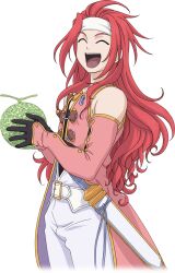 Rule 34 | 1boy, closed eyes, commentary, detached sleeves, english commentary, headband, highres, holding, long hair, male focus, official art, open mouth, red hair, smile, tales of (series), tales of asteria, tales of symphonia, teeth, transparent background, upper teeth only, zelos wilder