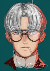 Rule 34 | 1boy, aqua eyes, cigarette, close-up, glasses, green background, grey hair, highres, isshiki (ffmania7), looking at viewer, male focus, original, parted lips, short hair, sketch, smoking, solo, straight-on