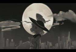 Rule 34 | 1girl, arms at sides, blouse, closed mouth, cloud, commentary, frilled shirt collar, frills, from side, full moon, greyscale, hat, hat ribbon, head tilt, highres, komeiji koishi, letterboxed, long sleeves, looking at viewer, looking to the side, monochrome, moon, neckerchief, o (crazyoton46), ribbon, shirt, short hair, smirk, solo, standing, touhou, upper body, wavy hair