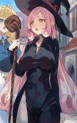 Rule 34 | 2girls, :o, black dress, black headwear, blonde hair, blue eyes, blue sky, blurry, blurry background, blush, breasts, cloud, commentary request, copyright request, covered navel, day, dress, hat, highres, holding, holding staff, large breasts, long hair, multiple girls, open mouth, outdoors, pink hair, sky, staff, thighs, unacchi (nyusankin), witch, witch hat, yellow eyes