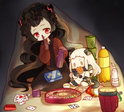 Rule 34 | 10s, 2girls, abyssal ship, alternate costume, black hair, card, colored skin, cookie, eating, finger to mouth, food, hairband, horns, isolated island oni, kantai collection, kobone, lolita hairband, long hair, mittens, multiple girls, northern ocean princess, pajamas, playing card, red eyes, sitting, white hair, white skin