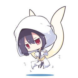 Rule 34 | 1girl, beni shake, black hair, black thighhighs, capelet, chibi, closed mouth, commentary request, dress, fate/grand order, fate (series), flying, flying sweatdrops, hair between eyes, head tilt, hood, hood down, hooded capelet, looking away, ortlinde (fate), red eyes, short hair, solo, thighhighs, valkyrie (fate), white background, white capelet, white dress
