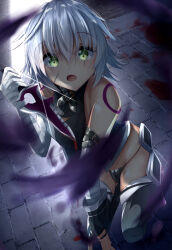 Rule 34 | arm belt, bandaged arm, bandages, bare shoulders, black feathers, black panties, blood, boots, dagger, eyebrows hidden by hair, facial scar, fate/apocrypha, fate/grand order, fate (series), feathers, gloves, green eyes, hair between eyes, highres, holding, holding dagger, holding knife, holding weapon, jack the ripper (fate/apocrypha), kneeling, knife, looking at viewer, lowleg, lowleg panties, messy hair, panties, scar, scar across eye, scar on cheek, scar on face, short hair, shoulder tattoo, single glove, suisen-21, tattoo, thigh boots, underwear, weapon