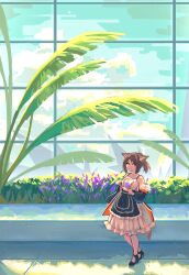 Rule 34 | 1girl, animal ears, arknights, black footwear, blue jacket, brown eyes, brown hair, dress, flower, fox ears, fox girl, fox tail, greenhouse, highres, holding, holding flower, indoors, jacket, looking at viewer, off shoulder, open clothes, open jacket, pantyhose, perfumer (arknights), plant, purple flower, shoes, smile, solo, sunkreativ, tail, white dress, white pantyhose, wide shot, window
