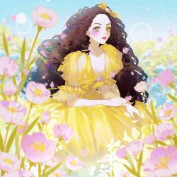 Rule 34 | 1girl, barbie (franchise), blue sky, blush, bow, breasts, brown hair, cleavage, curly hair, doll, dress, field, flower, flower field, formal, frilled sleeves, frills, gown, grass, green eyes, hair bow, highres, long hair, makeup, okitafuji, outdoors, pale skin, pink lips, princess, puffy dress, puffy short sleeves, puffy sleeves, ribbon, short sleeves, sitting, sky, solo, very long hair, yellow dress
