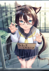 Rule 34 | 1girl, :3, absurdres, animal ears, black hair, black sailor collar, black skirt, blue eyes, blush, cat ears, claw pose, commentary request, glasses, hair between eyes, hands up, highres, long hair, long sleeves, looking at viewer, neckerchief, open mouth, original, pleated skirt, sailor collar, school uniform, serafuku, shirt, sign, sign around neck, skirt, solo, standing, translated, twintails, very long hair, white shirt, window, yellow neckerchief, yufou