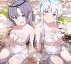 Rule 34 | 2girls, arm support, blue archive, blue eyes, blush, breasts, closed mouth, collarbone, halo, highres, large breasts, light blush, light particles, long hair, looking at viewer, multiple girls, naked towel, noa (blue archive), onsen, open mouth, partially submerged, purple eyes, purple hair, shiitake taishi, sitting, smile, towel, water, white hair, white towel, yuuka (blue archive)